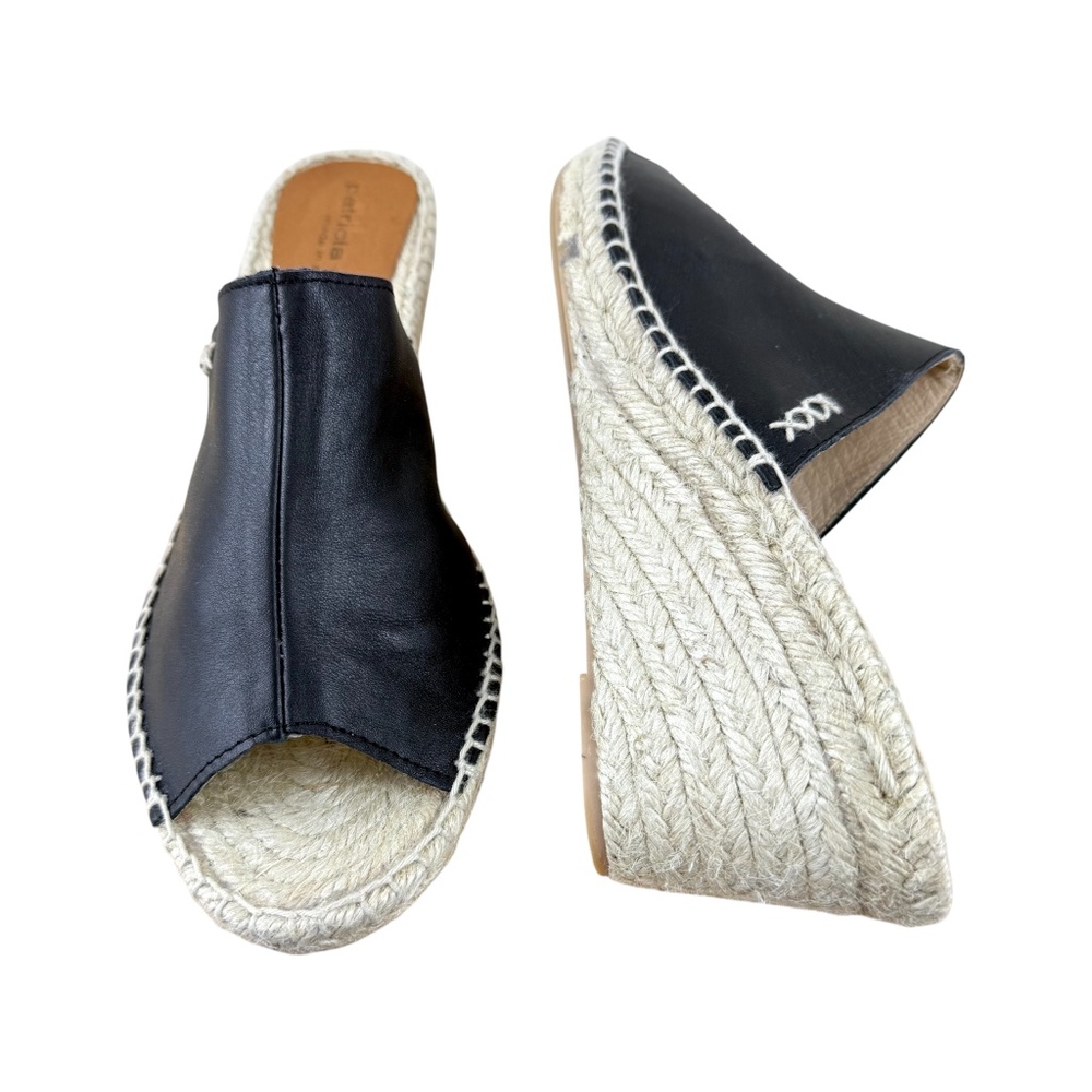 Patricia Green Espadrille Slides Black Leather Wedge (10)